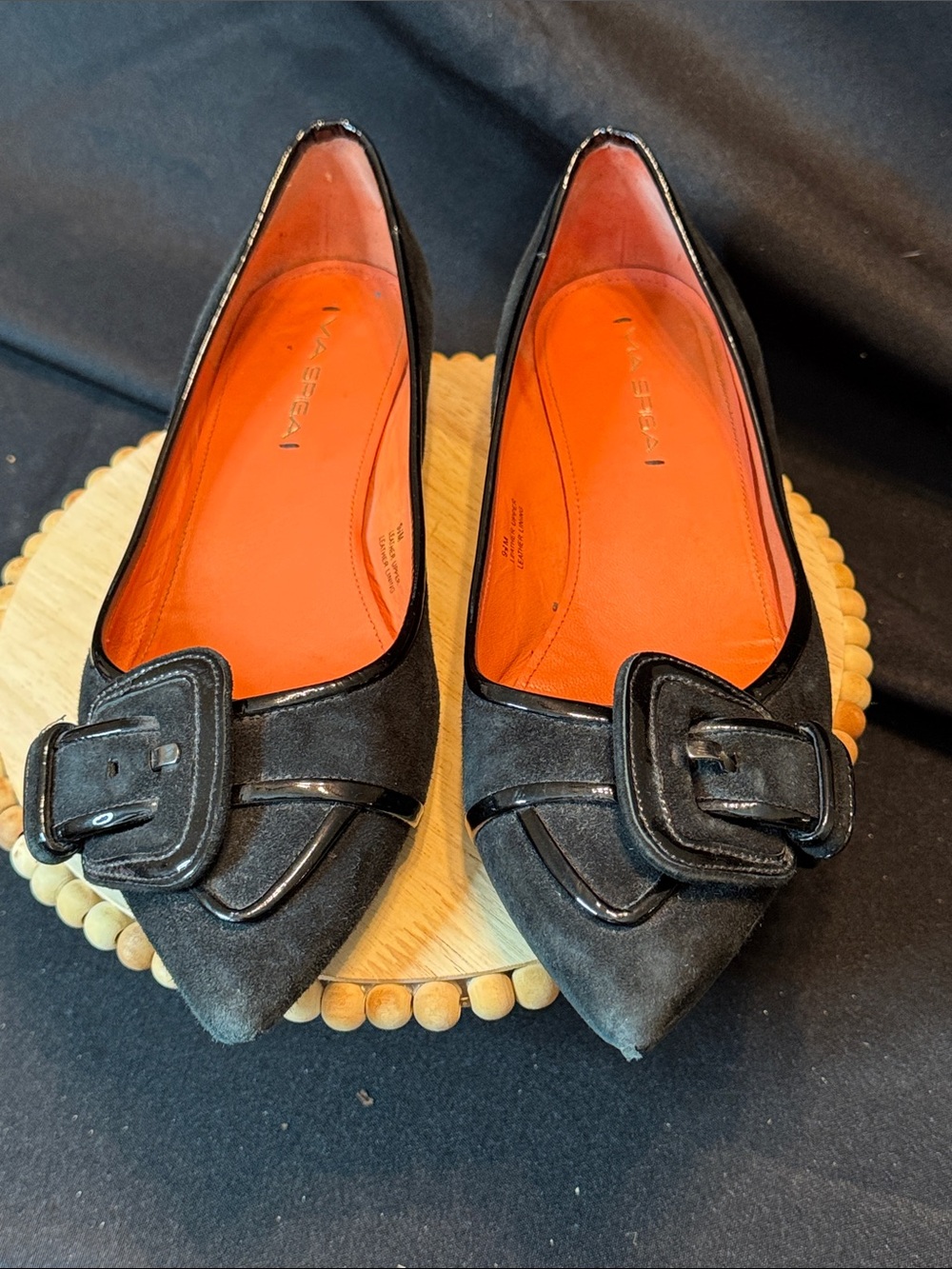 Via Spiga Black Suede Pointed Toe Flats with Buckle